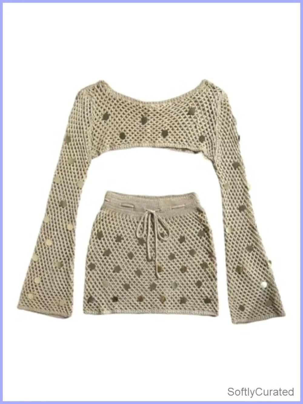 Crochet 2 Piece Cover Up Set Hollow Out Sequin Beach Skirt Set Swimsuit Coverup